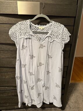 Mystree Light Blue Cotton Midi Dress with  Crochet Collar